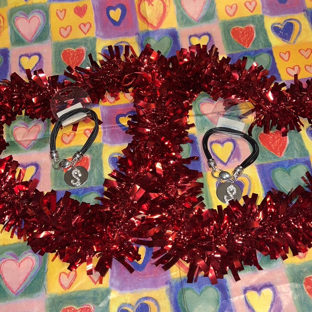 Set of 2 Vintage 6 Strand Black Vegan Waxed Cord Initial Rhinestone “S” Bracelet